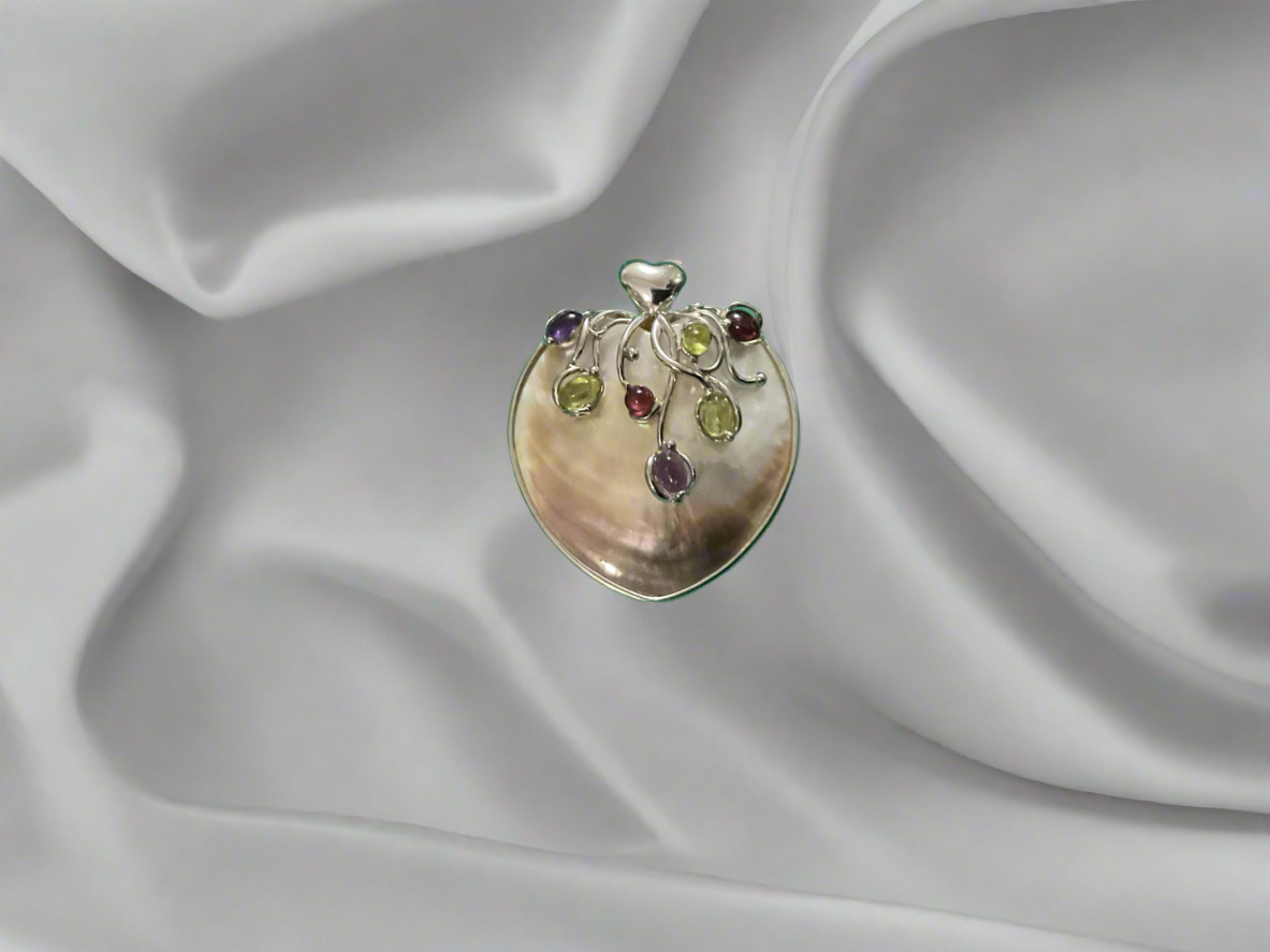 Garnet , Amethyst , Peridot 925 Sterling Silver MOP Shell Heart Vine Pendant