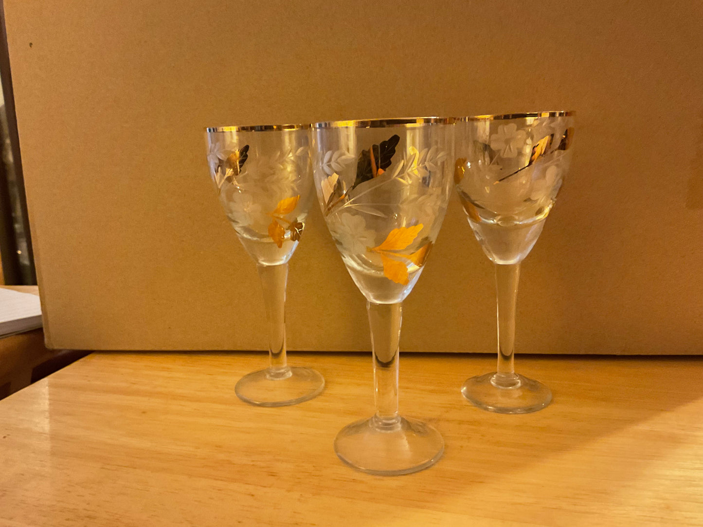 3 Vintage Gold Rimmed - Etched Wine Glasses Set