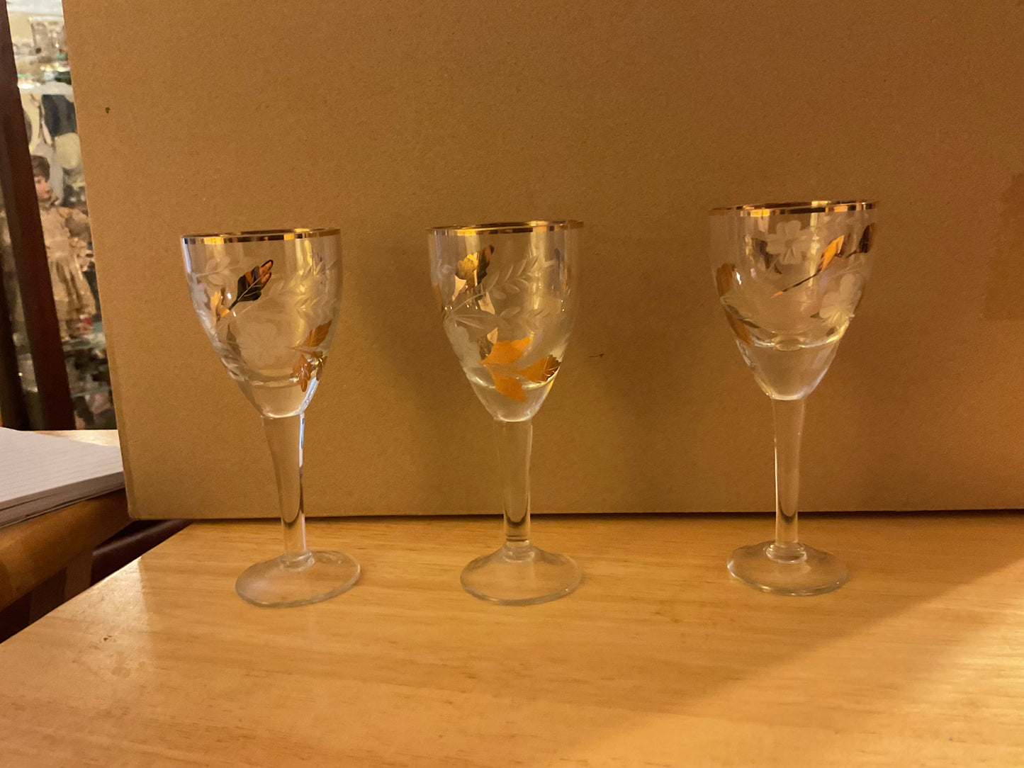 3 Vintage Gold Rimmed - Etched Wine Glasses Set