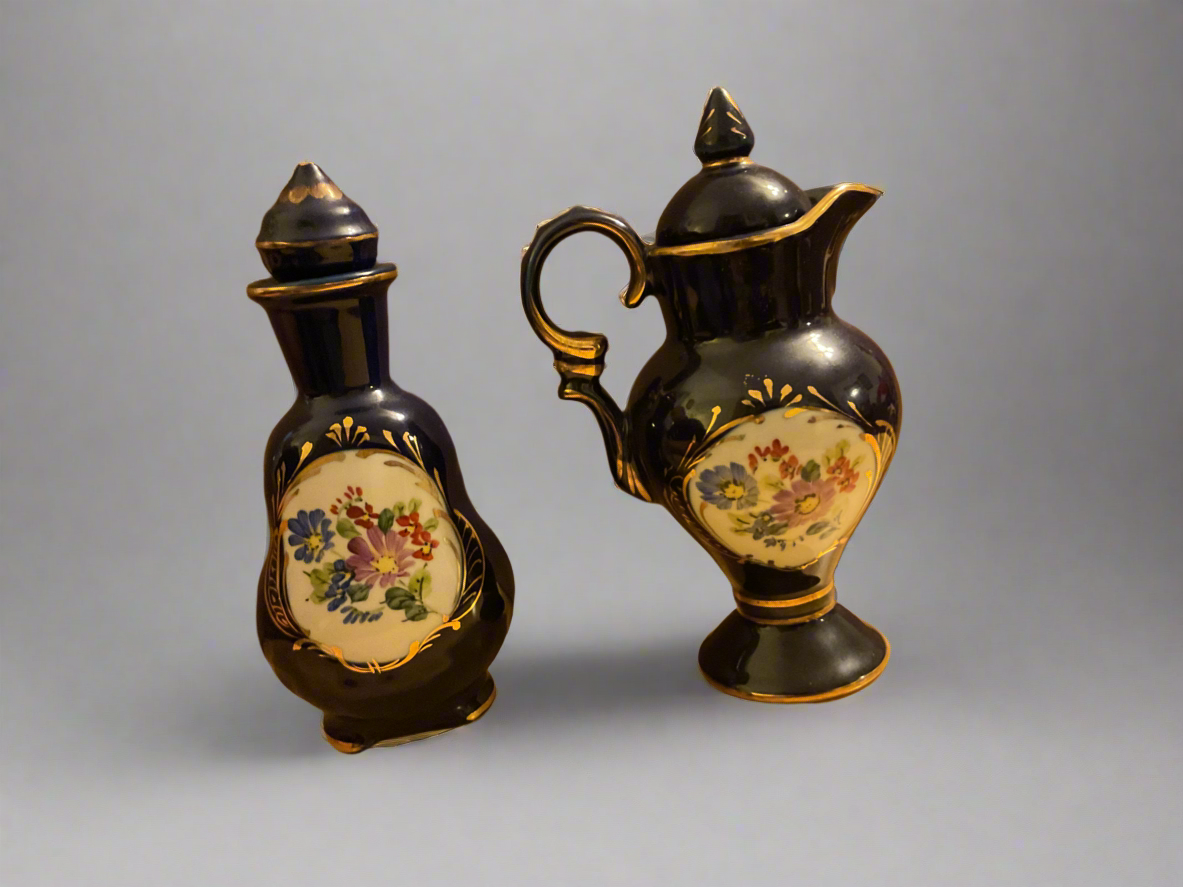 Rare Vintage Limoges China Cobalt Blue & Gold Trim oil & vinegar set